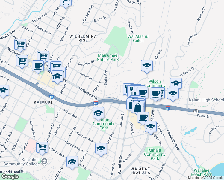 map of restaurants, bars, coffee shops, grocery stores, and more near 4023C Keanu Street in Honolulu