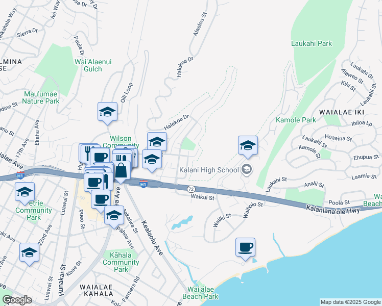 map of restaurants, bars, coffee shops, grocery stores, and more near 4504 Malia Street in Honolulu