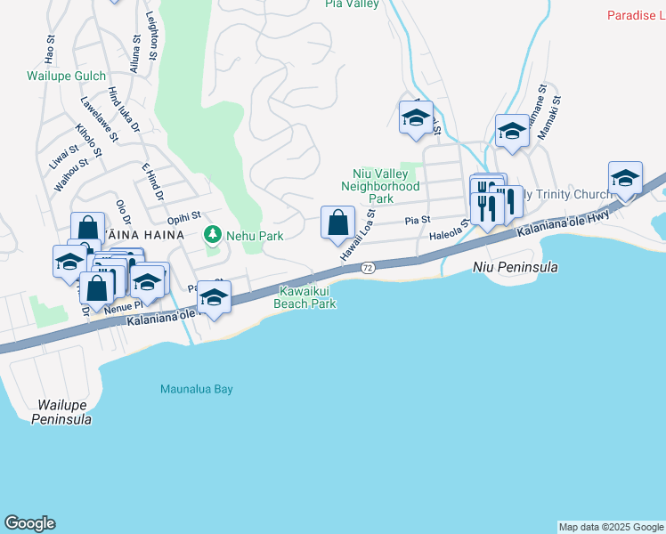 map of restaurants, bars, coffee shops, grocery stores, and more near 104 Hawaii Loa Street in Honolulu