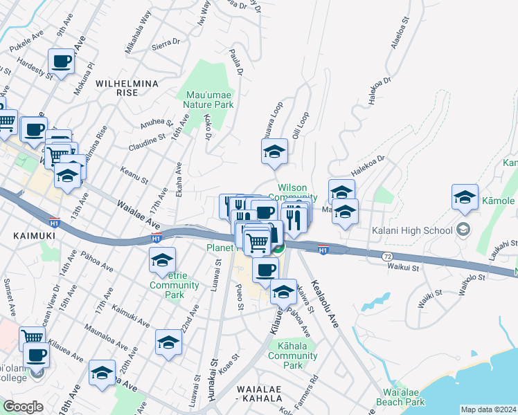map of restaurants, bars, coffee shops, grocery stores, and more near 4185 Keanu Street in Honolulu