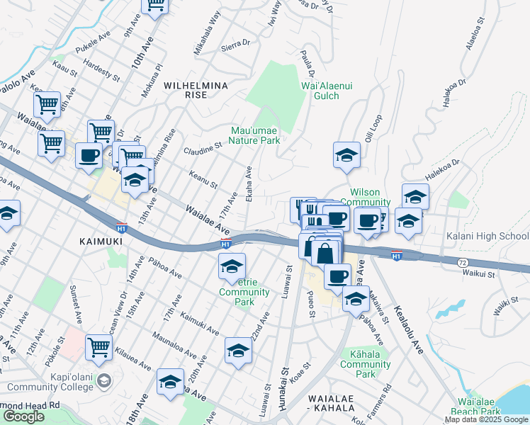 map of restaurants, bars, coffee shops, grocery stores, and more near 4023C Keanu Street in Honolulu