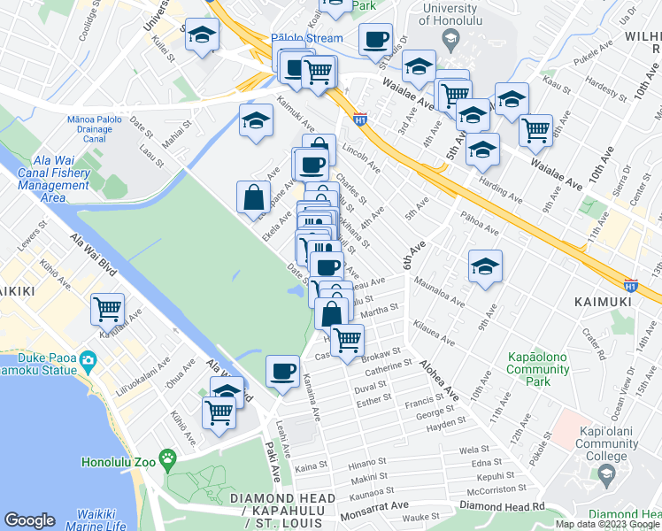 map of restaurants, bars, coffee shops, grocery stores, and more near 3117a Hunter Street in Honolulu
