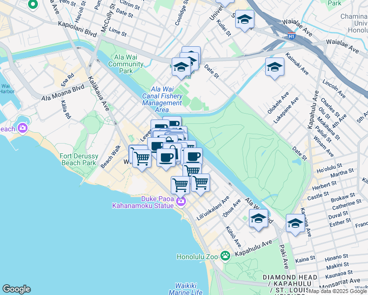 map of restaurants, bars, coffee shops, grocery stores, and more near 445 Nohonani Street in Honolulu