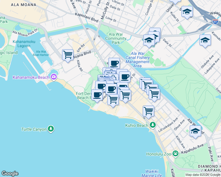 map of restaurants, bars, coffee shops, grocery stores, and more near 253 Beach Walk in Honolulu