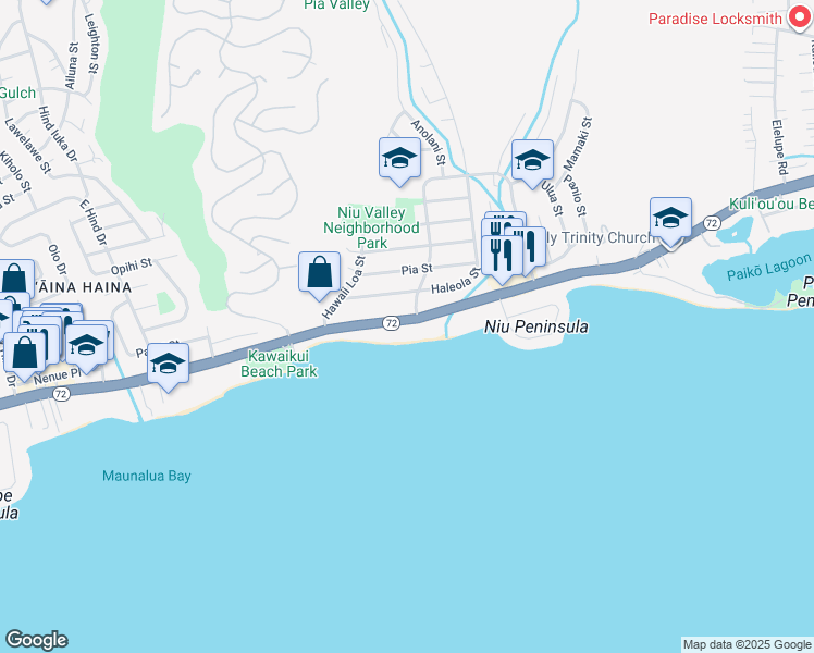 map of restaurants, bars, coffee shops, grocery stores, and more near 5621 Hawaii 72 in Honolulu