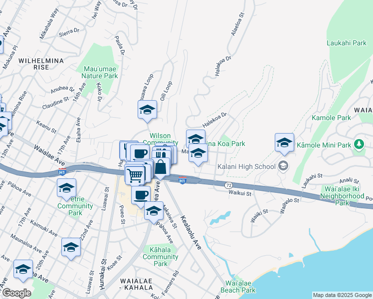map of restaurants, bars, coffee shops, grocery stores, and more near 4436 Malia Street in Honolulu