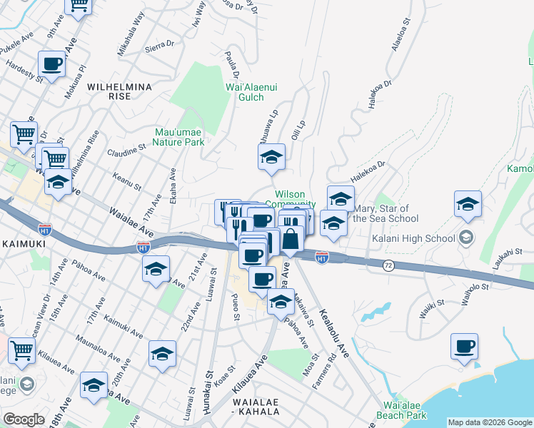 map of restaurants, bars, coffee shops, grocery stores, and more near 4886 Kilauea Avenue in Honolulu