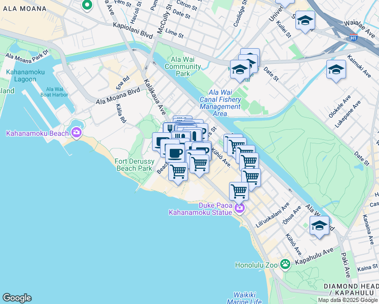 map of restaurants, bars, coffee shops, grocery stores, and more near in Honolulu