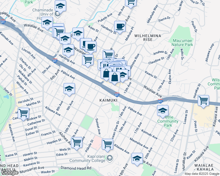 map of restaurants, bars, coffee shops, grocery stores, and more near 1043 12th Avenue in Honolulu