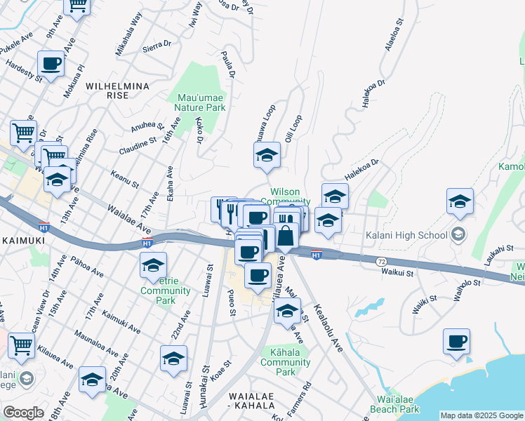 map of restaurants, bars, coffee shops, grocery stores, and more near 4886 Kilauea Avenue in Honolulu