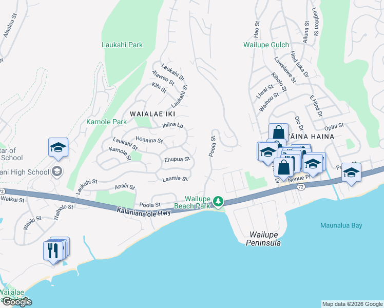 map of restaurants, bars, coffee shops, grocery stores, and more near 1505 Ohialoke Street in Honolulu