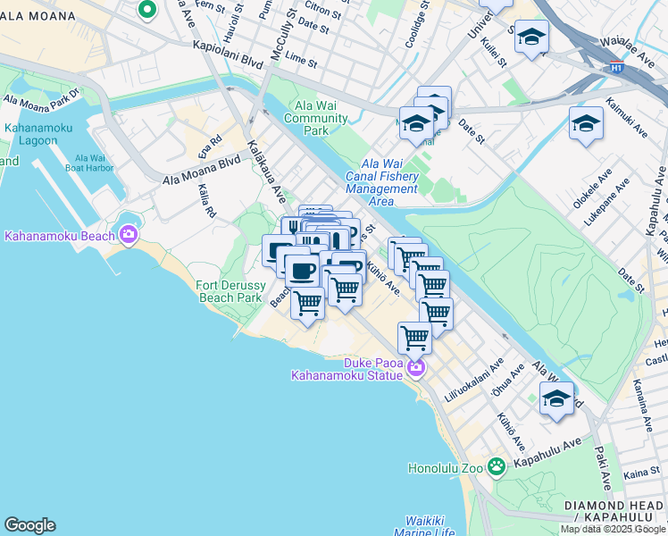 map of restaurants, bars, coffee shops, grocery stores, and more near in Honolulu