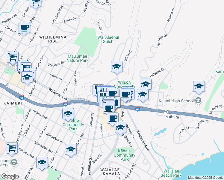 map of restaurants, bars, coffee shops, grocery stores, and more near 4185 Keanu Street in Honolulu