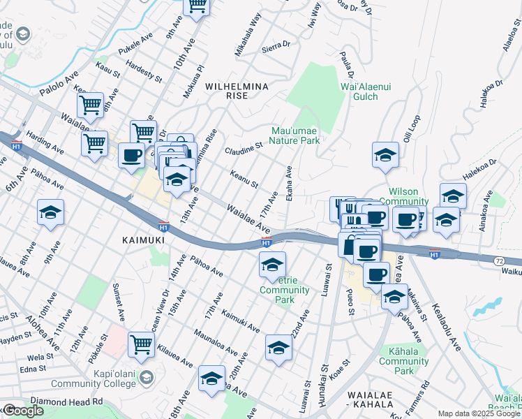 map of restaurants, bars, coffee shops, grocery stores, and more near 1237 17th Avenue in Honolulu