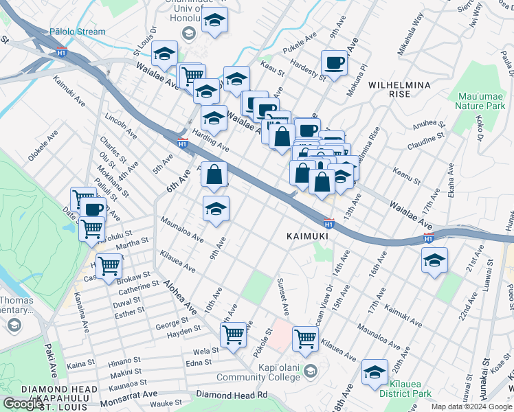 map of restaurants, bars, coffee shops, grocery stores, and more near 957 10th Avenue in Honolulu