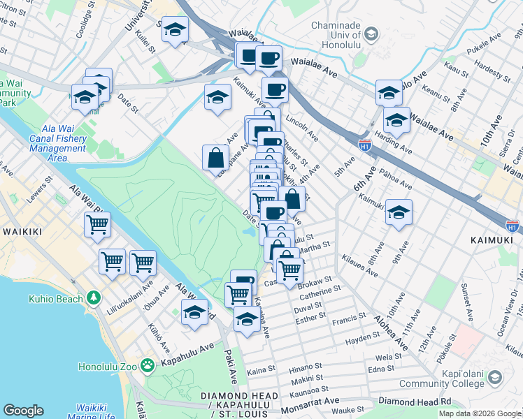 map of restaurants, bars, coffee shops, grocery stores, and more near 709A Palani Avenue in Honolulu
