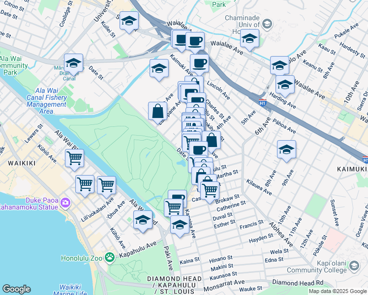 map of restaurants, bars, coffee shops, grocery stores, and more near 709A Palani Avenue in Honolulu