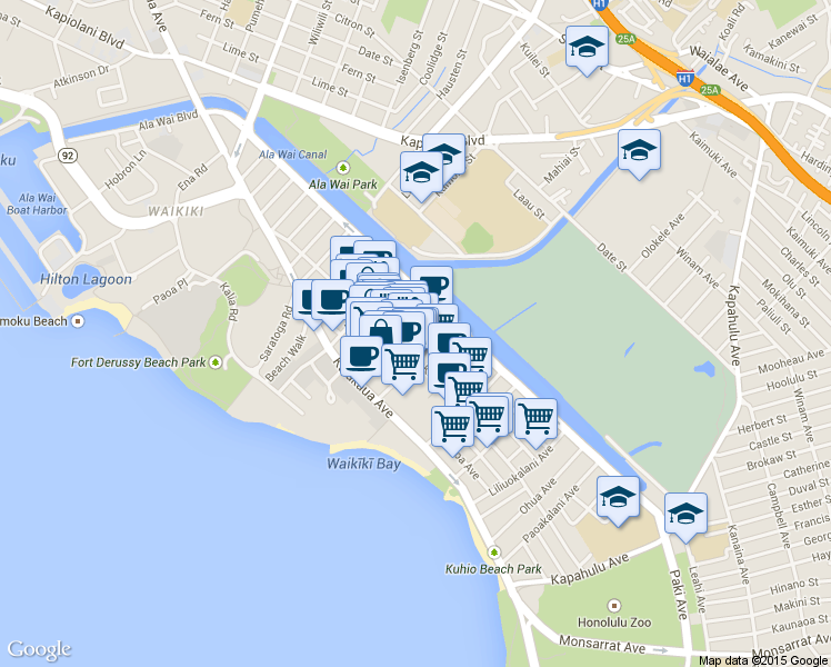 map of restaurants, bars, coffee shops, grocery stores, and more near 2280 Kūhiō Avenue in Honolulu
