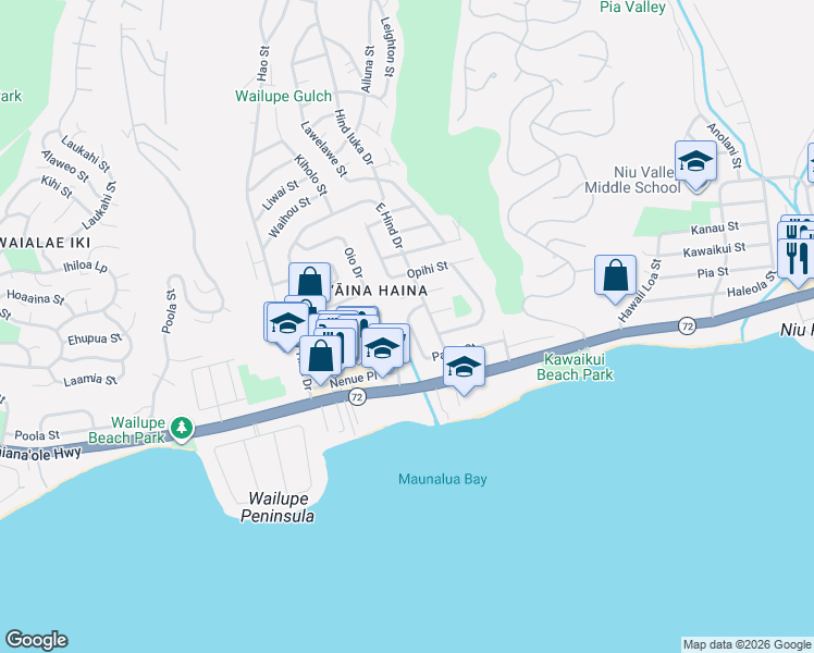map of restaurants, bars, coffee shops, grocery stores, and more near 179 Nenue Street in Honolulu