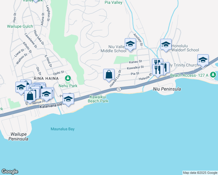 map of restaurants, bars, coffee shops, grocery stores, and more near 104 Hawaii Loa Street in Honolulu