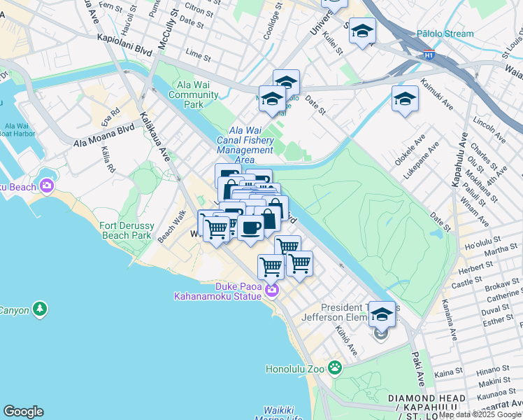 map of restaurants, bars, coffee shops, grocery stores, and more near 445 Nohonani Street in Honolulu