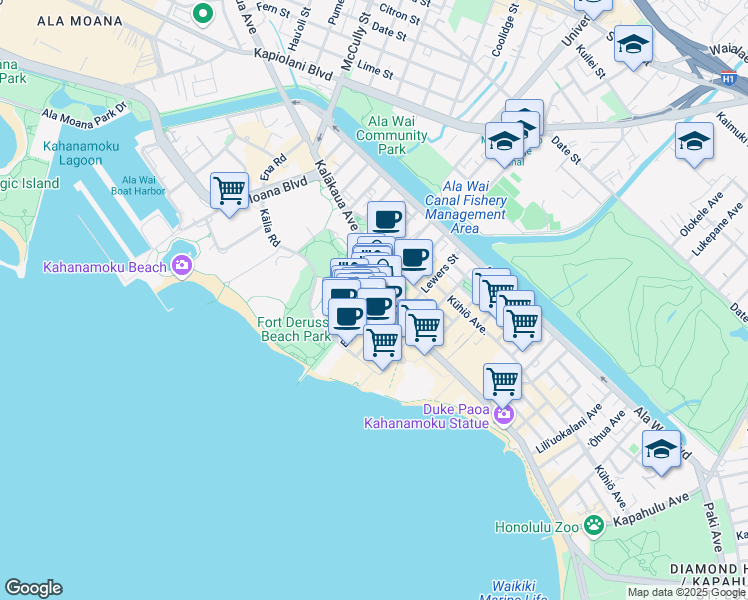 map of restaurants, bars, coffee shops, grocery stores, and more near 255 Beach Walk in Honolulu