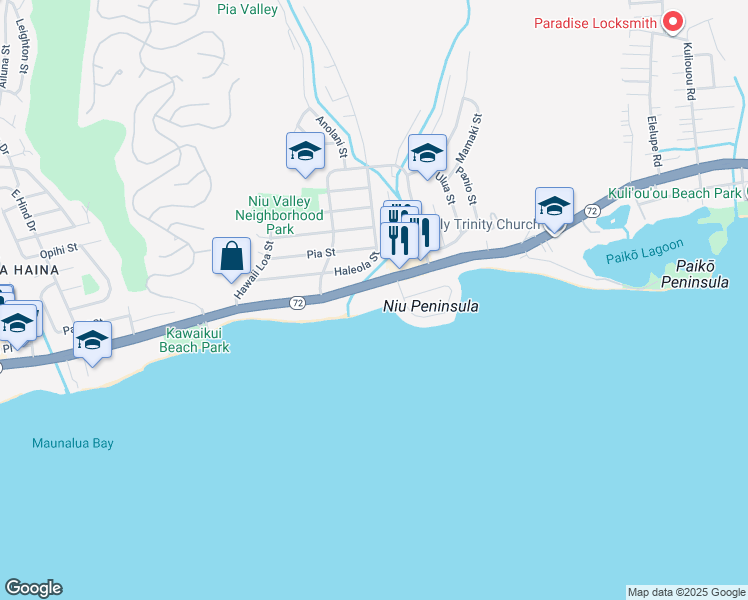 map of restaurants, bars, coffee shops, grocery stores, and more near 5687 Kalanianaʻole Highway in Honolulu