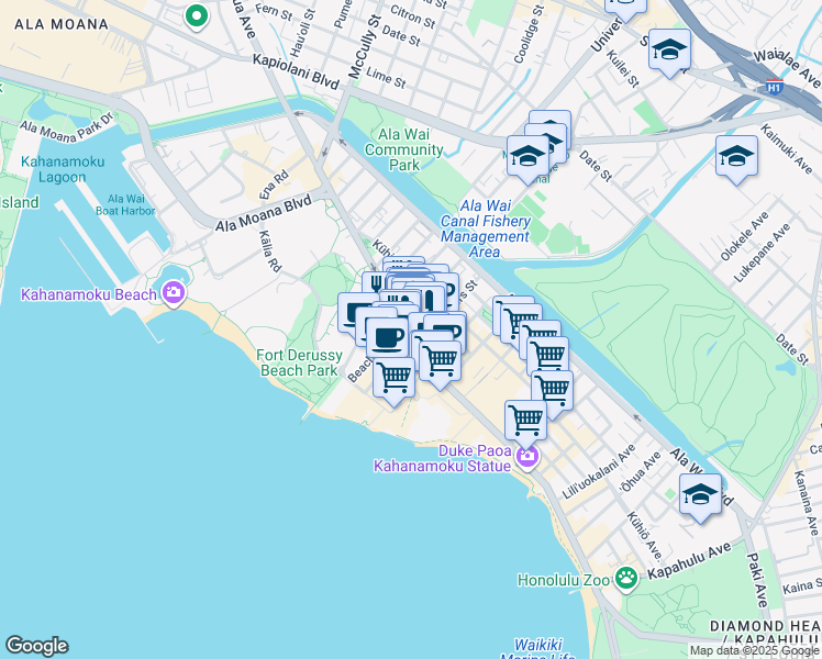 map of restaurants, bars, coffee shops, grocery stores, and more near in Honolulu