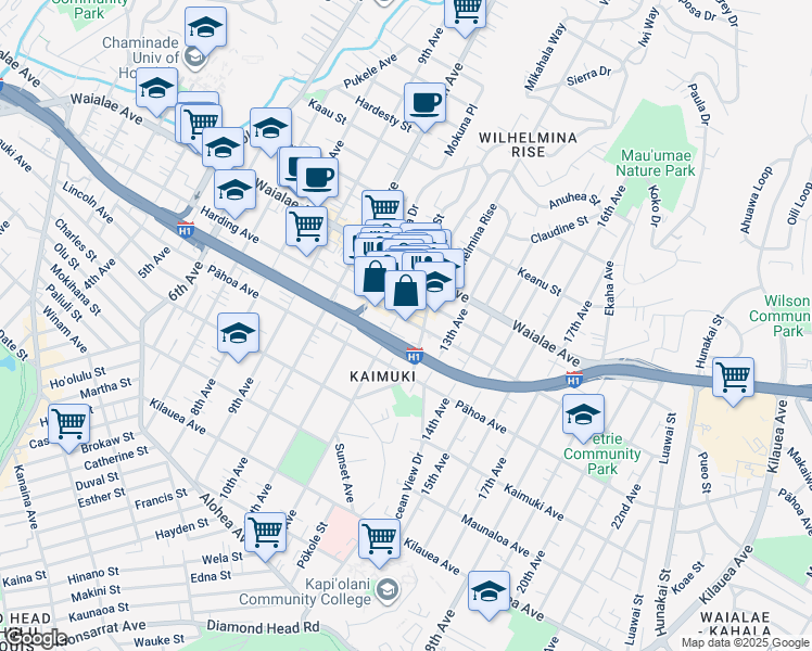 map of restaurants, bars, coffee shops, grocery stores, and more near 1043 12th Avenue in Honolulu