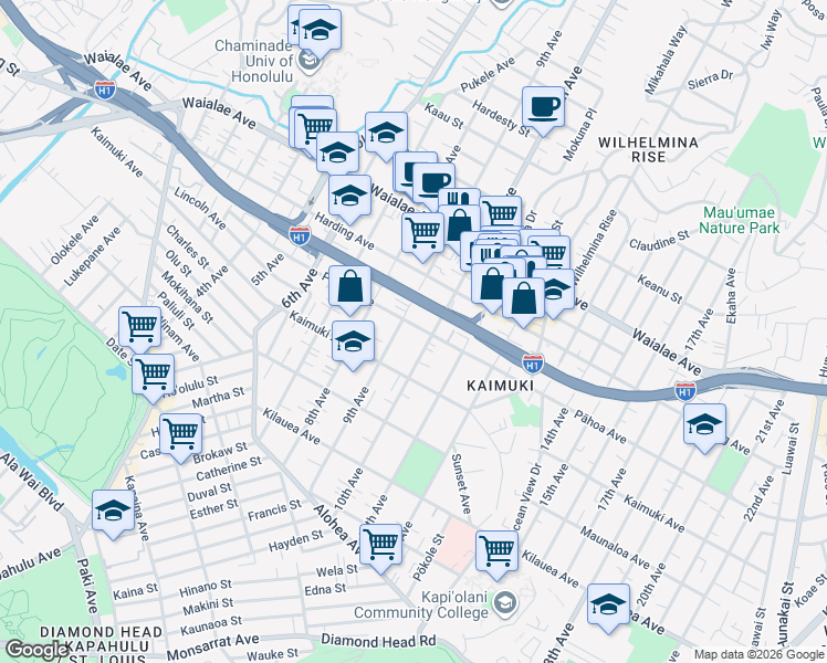map of restaurants, bars, coffee shops, grocery stores, and more near 957 10th Avenue in Honolulu