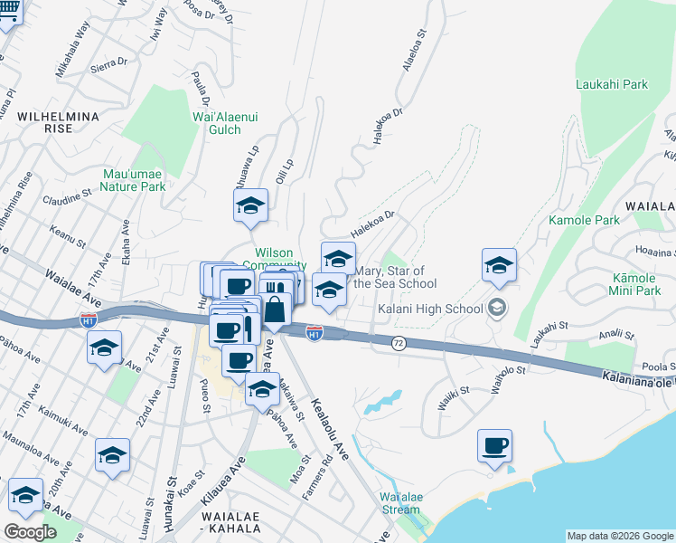 map of restaurants, bars, coffee shops, grocery stores, and more near 4436 Malia Street in Honolulu
