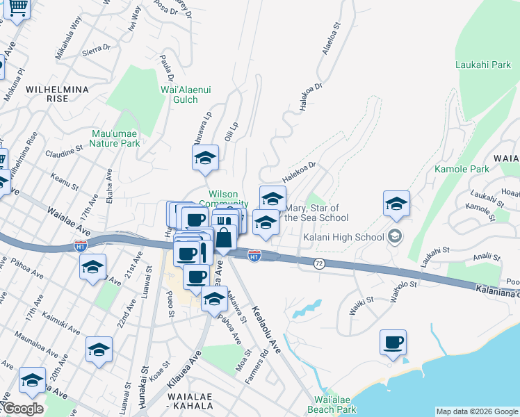 map of restaurants, bars, coffee shops, grocery stores, and more near 4436 Malia Street in Honolulu