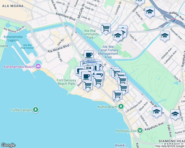 map of restaurants, bars, coffee shops, grocery stores, and more near in Honolulu