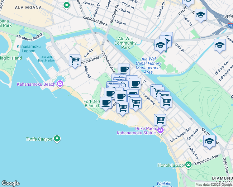 map of restaurants, bars, coffee shops, grocery stores, and more near 253 Beach Walk in Honolulu