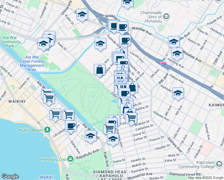 map of restaurants, bars, coffee shops, grocery stores, and more near 708 Palani Avenue in Honolulu
