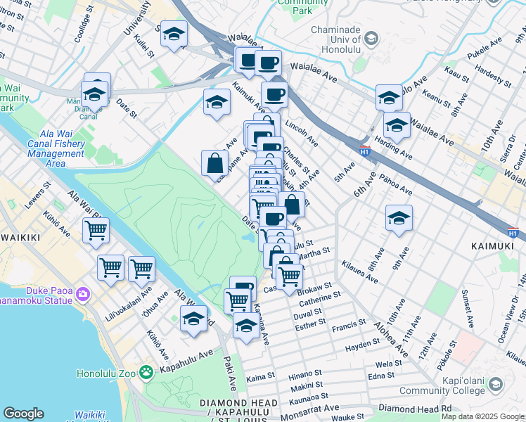map of restaurants, bars, coffee shops, grocery stores, and more near 709A Palani Avenue in Honolulu
