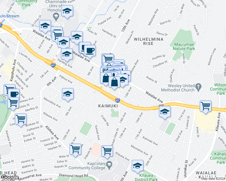 map of restaurants, bars, coffee shops, grocery stores, and more near 1059 12th Avenue in Honolulu
