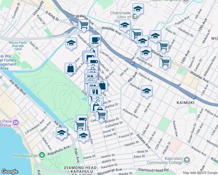 map of restaurants, bars, coffee shops, grocery stores, and more near 3243 Mokihana Street in Honolulu