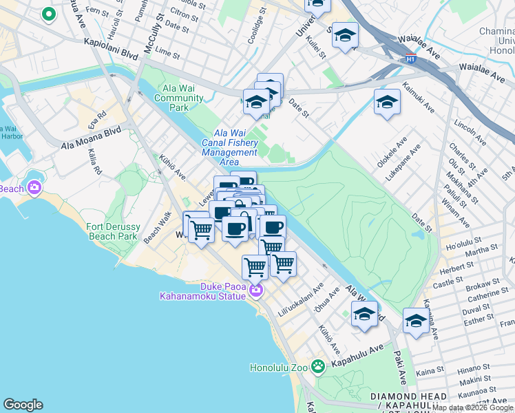 map of restaurants, bars, coffee shops, grocery stores, and more near 2287 Ala Wai Boulevard in Honolulu