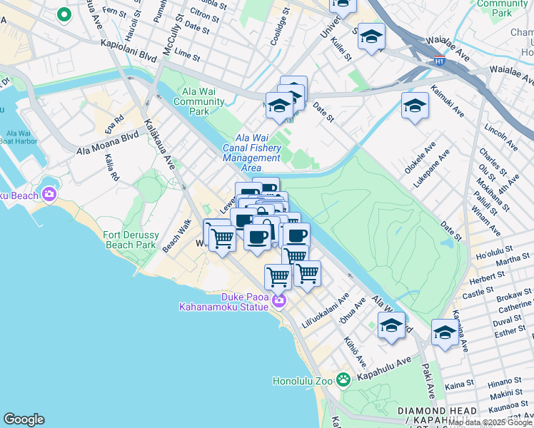 map of restaurants, bars, coffee shops, grocery stores, and more near 445 Nohonani Street in Honolulu