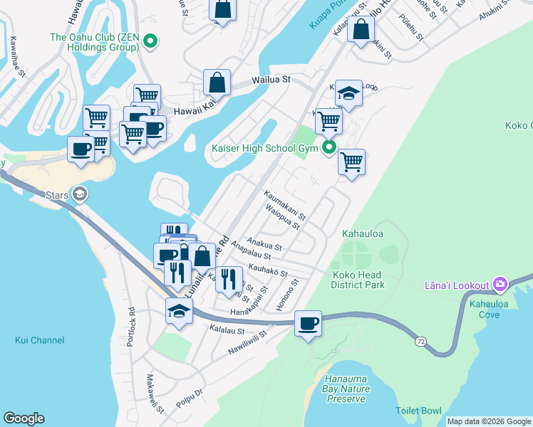 map of restaurants, bars, coffee shops, grocery stores, and more near 363 Paliku Street in Honolulu