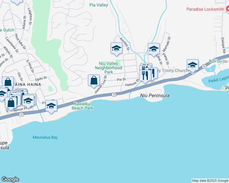 map of restaurants, bars, coffee shops, grocery stores, and more near 5621 Hawaii 72 in Honolulu