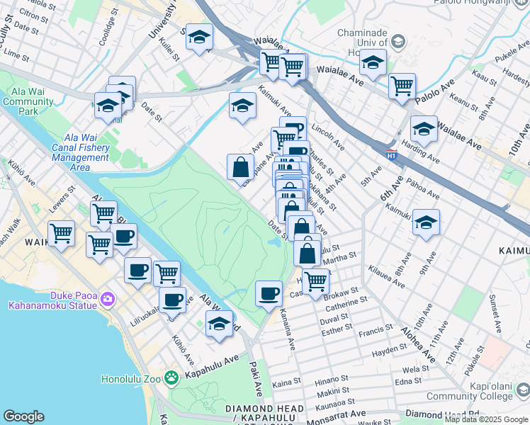 map of restaurants, bars, coffee shops, grocery stores, and more near 2946 Date Street in Honolulu