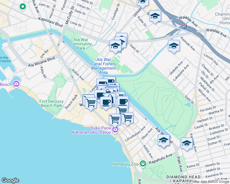 map of restaurants, bars, coffee shops, grocery stores, and more near 445 Nohonani Street in Honolulu