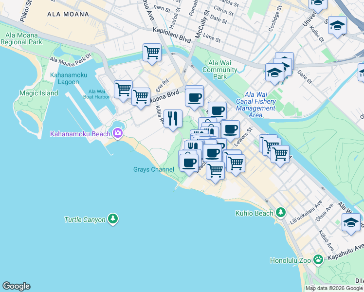 map of restaurants, bars, coffee shops, grocery stores, and more near in Honolulu