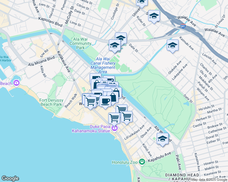 map of restaurants, bars, coffee shops, grocery stores, and more near 445 Nohonani Street in Honolulu