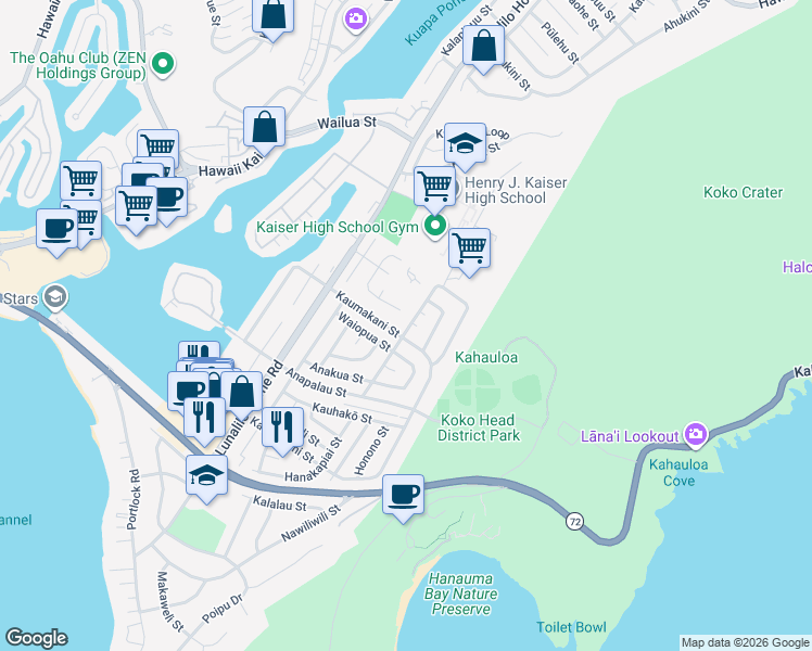 map of restaurants, bars, coffee shops, grocery stores, and more near 489 Kaumakani Street in Honolulu