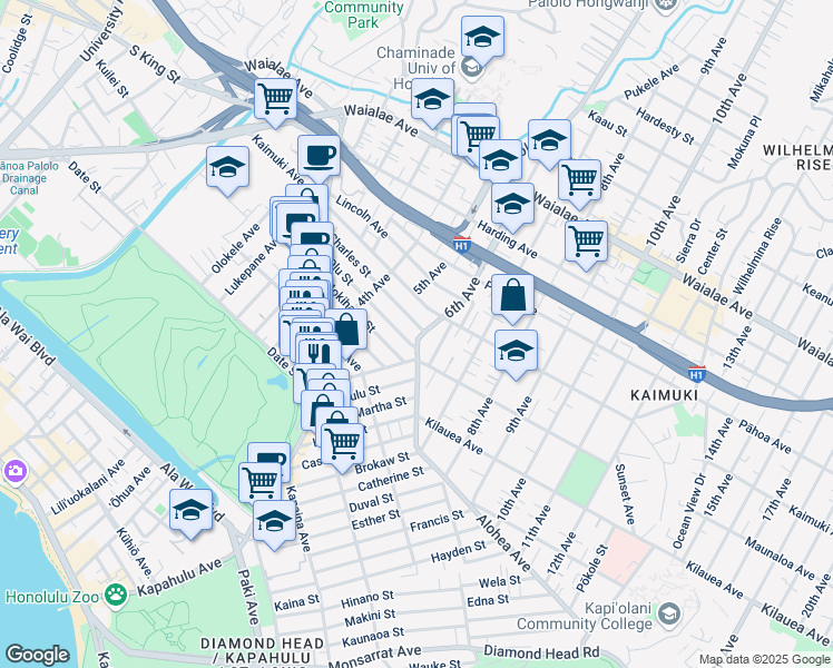 map of restaurants, bars, coffee shops, grocery stores, and more near 3278 Mokihana Street in Honolulu