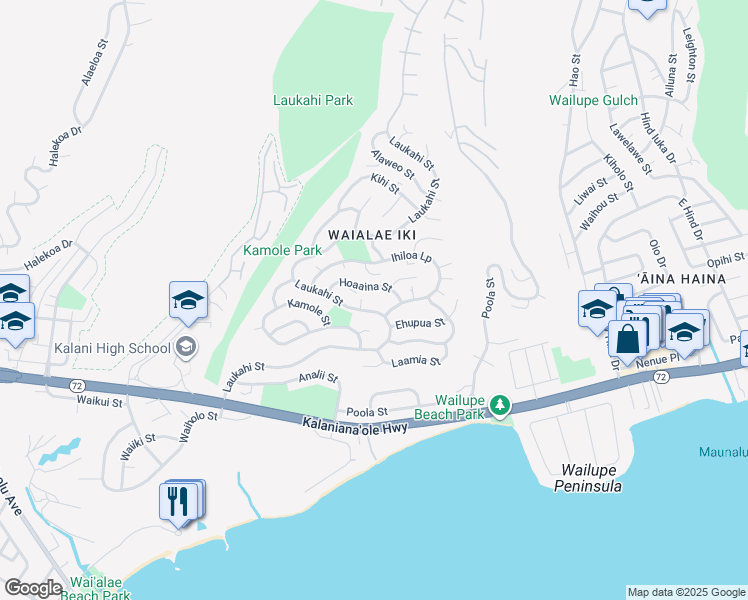 map of restaurants, bars, coffee shops, grocery stores, and more near 1502 Laukahi Street in Honolulu