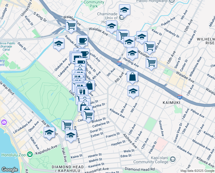 map of restaurants, bars, coffee shops, grocery stores, and more near 3278 Mokihana Street in Honolulu